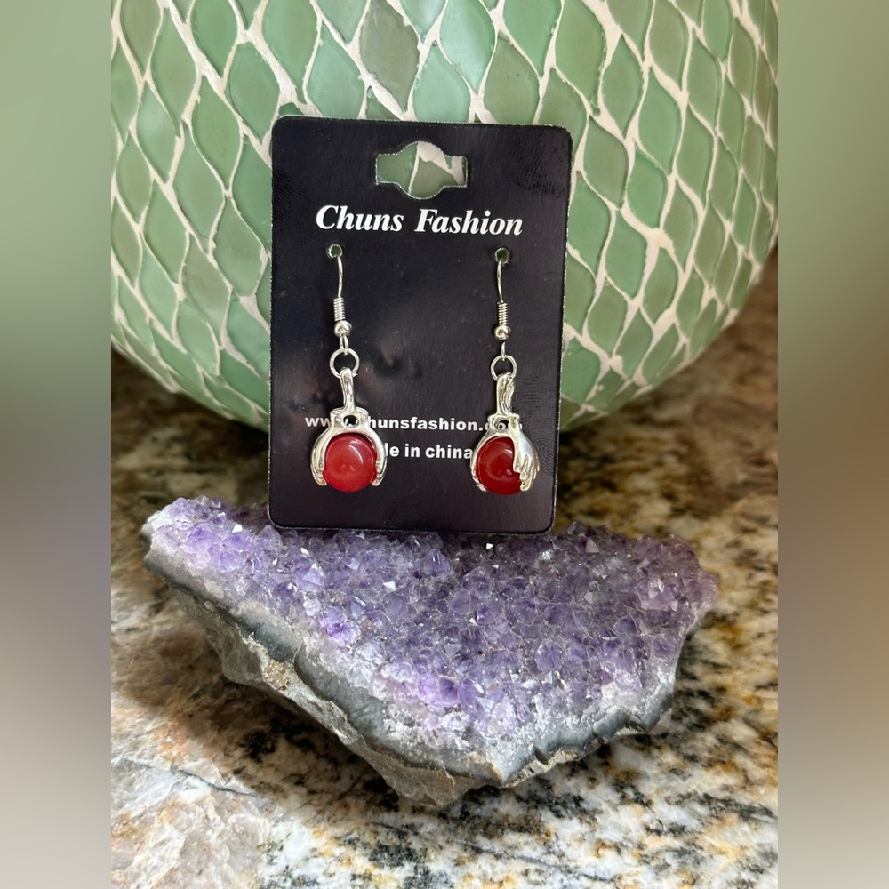Silver Carnelian Crystal Ball Hand Earrings